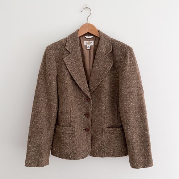 Vintage Talbots Brown Herringbone Wool Silk Blend Blazer Size 6 - Picture 1 of 8